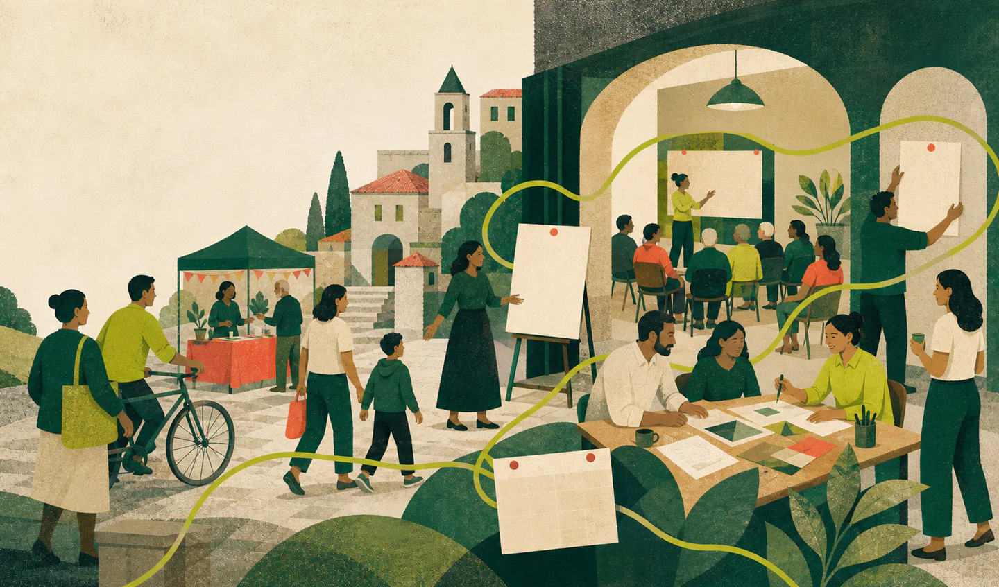 Persone riunite in una piazza e in uno spazio civico per imparare e collaborare